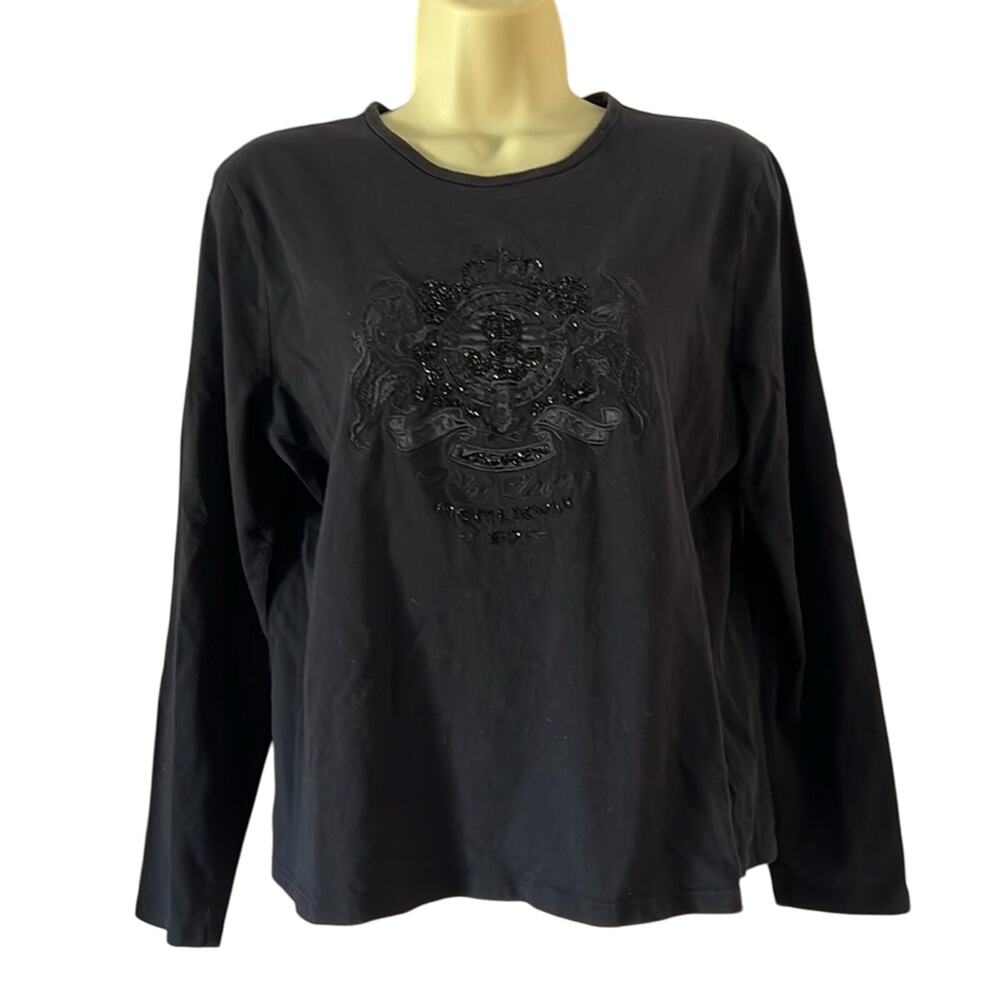 Lauren Ralph Lauren Size L Black Bead Embellished Knit Top Blouse Long Sleeve